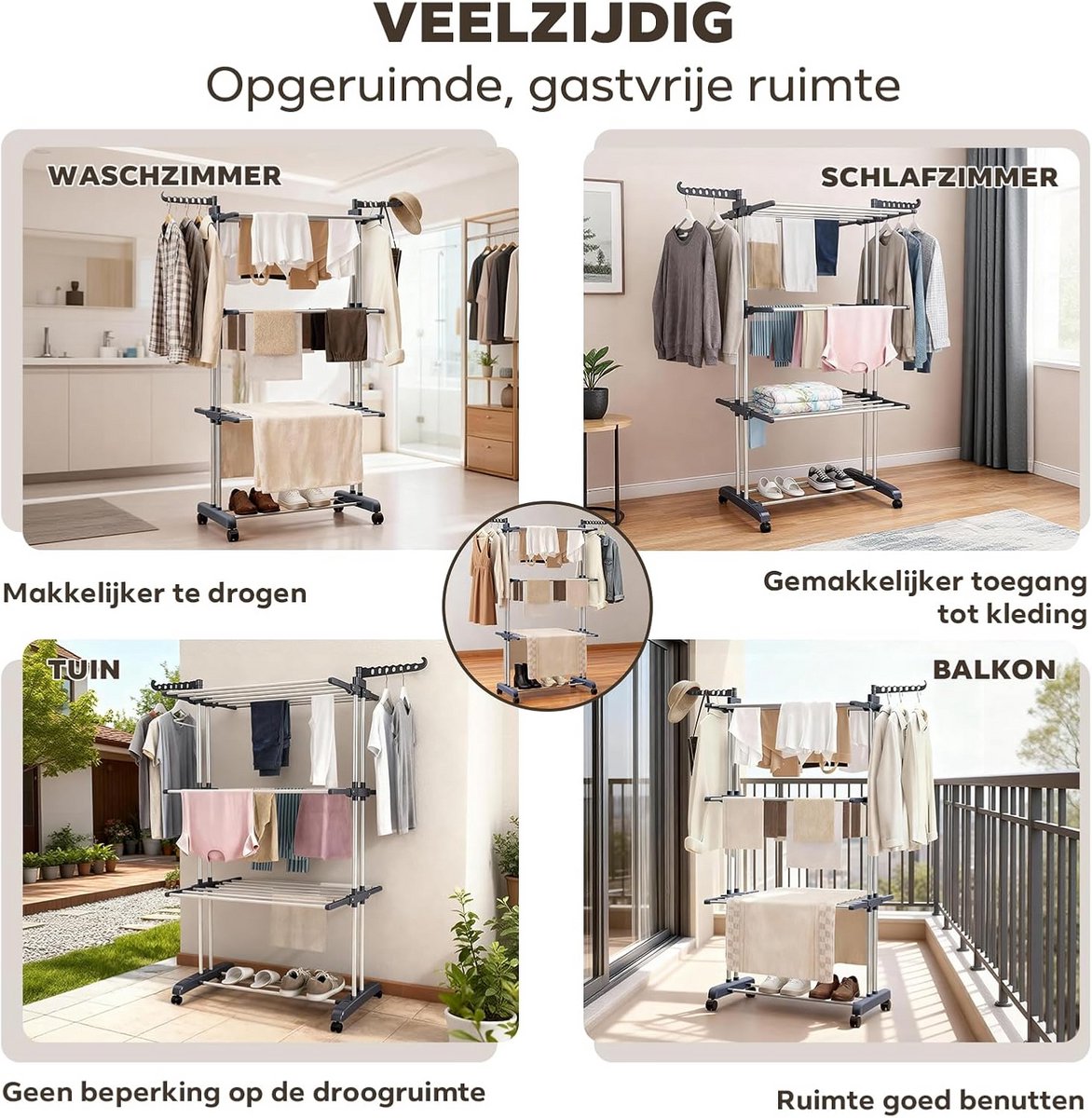 Was Toren - Droogrek met Wielen - Kleding Drogen - 4 Lagen 6 Vleugels - 76x50x172cm - Grijs thumbnail 5