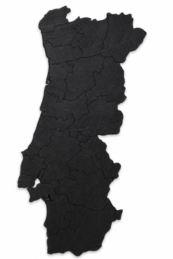 Décoration murale découpée en bois noir en forme de carte du Portugal, divisée en régions.