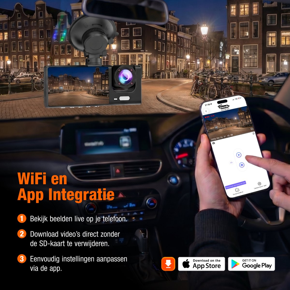 MrGoods Dashcam Auto - Triple Lens Dashcam Voor Achter Binnen Camera - Wifi - 1080P Full HD - Nachtzicht - G-Sensor - Parkeermodus - Looprecording – foto 8