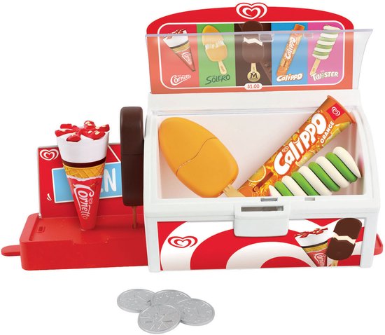 Speelgoedijsjesvriezer met rode en witte strepen, een Cornetto, Magnum, Solero en Calippo.