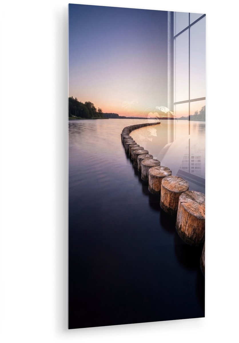 MuchoWow® Glasschilderij 80x160 cm - Schilderij acrylglas - Hout - Palen - Water - Foto op