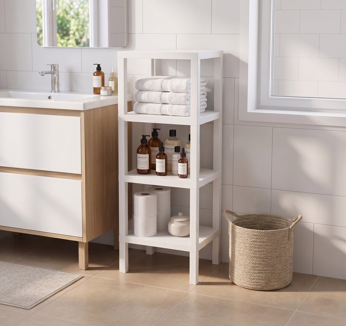 INDECOR Badkamerrek Opbergrek Staand – 4 Laags Multifunctioneel Kunststof Organizer – Keuken, Badkamer & Woonkamer Rek – Wit