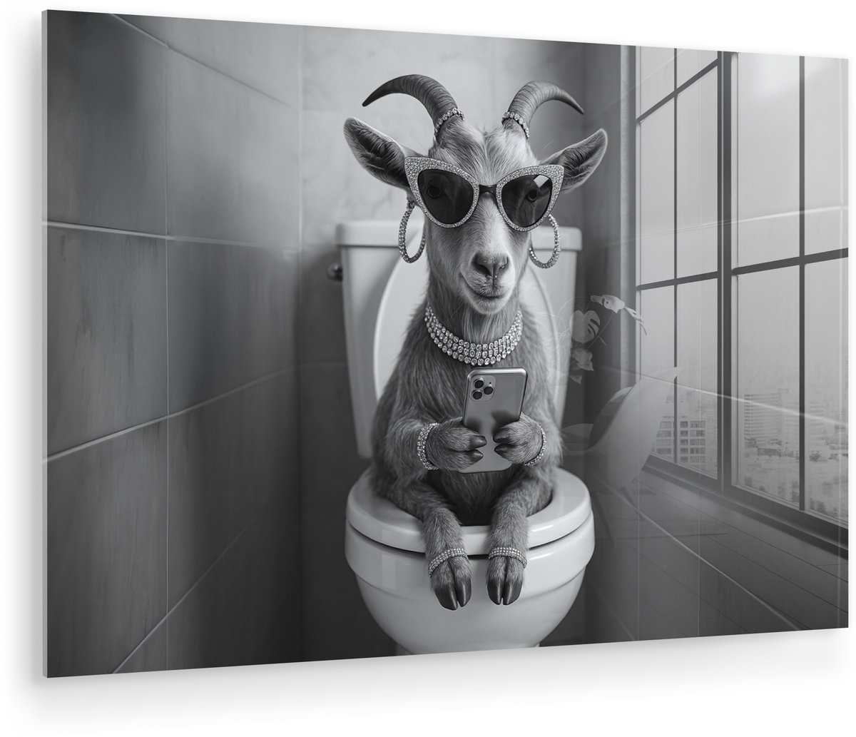 MuchoWow® Glasschilderij 180x120 cm - Schilderij acrylglas - Geit - Telefoon - Toilet - Zw