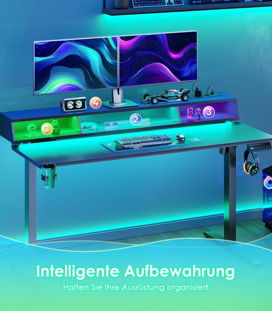 OffiGo Gaming Bureau, 140cm Elektrisch in Hoogte Verstelbaar Bureau met RGB LED & Stopcontacten, Staand Desk met 3 Open Opbergruimtes, Bekerhouder Hoofdtelefoonhaak, Koolstofvezel Tafelblad, Zwart — afbeelding 2