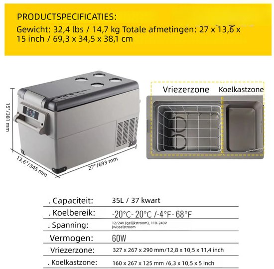 35L Auto Koelkast Compressor -20℃ tot 20℃ Dubbele Zone Vrieskast - 12/24V DC 230V AC met- App Bediening voor Auto, Camping & Thuis — afbeelding 5