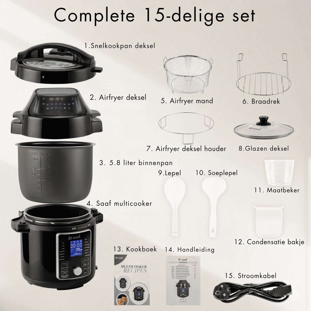 Multicooker Airfryer - 5.8L - PFAS vrij - Slowcooker met timer - Rijstkoker met stomer - Airfryer - Stomer - Snelkookpan - Saaf – foto 7