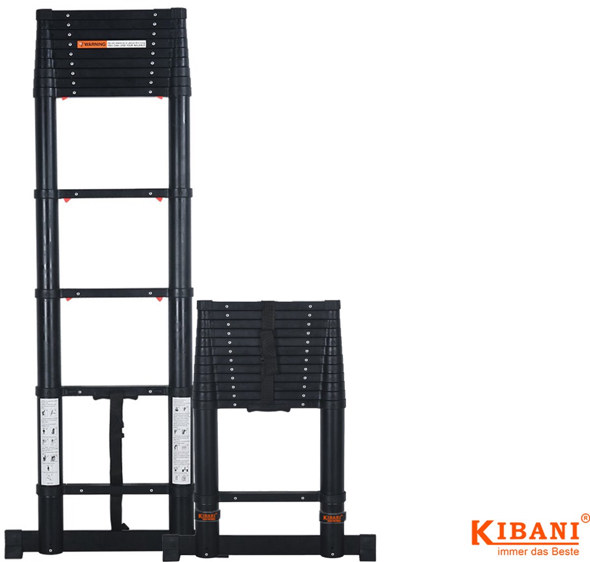 Kibani telescoopladder 3,80 meter - Zilver/Zwart - Softclose - Stabiliteitsbalk - 150kg draaggewicht - EN131-6 goedgekeurd