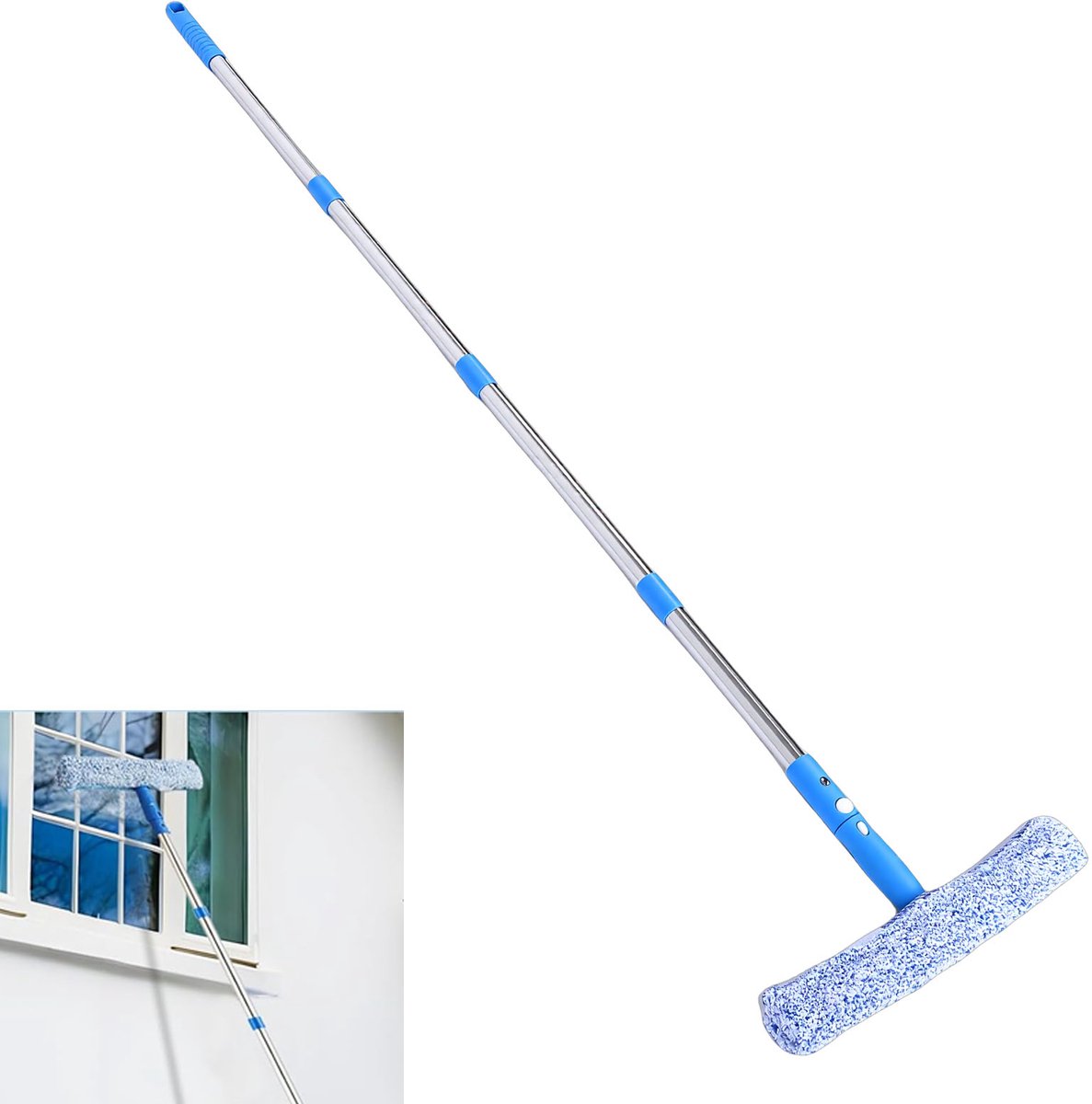 Raamreiniger Set met Uitschuifbare Steel – 3 Meter Telescopische Raamwisser & Raamtrekker – Voor Hoge Ramen, Doucheglas, Zonnepanelen en Autoruiten