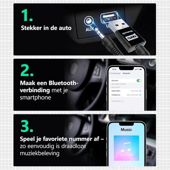 Bluetooth AUX adapter 5.0 - USB ontvanger voor auto en speakers met 3,5 mm jack en 48 cm kabel — afbeelding 4