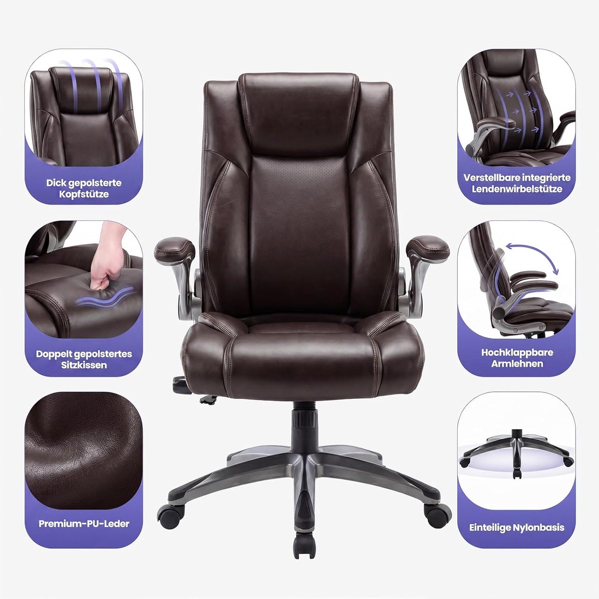 Bureaustoel Directiestoel Bruin – House&Garden Executive Comfort Elite Ergonomische Kantoorstoel met Opblaasbare Lendensteun, Opklapbare Armleuningen, Hoge Rugleuning, Kantelfunctie, 360° Draaibaar en Wielen – Luxe Werkstoel tot 113 kg