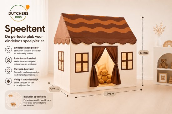 Dutchers® Speeltent + Speelkleed - Kindertent - Jongens & Meisjes - Speelhuis - Tipitent - Speelhuisje - Speel Tent - Binnentent - Inclusief Speelmat - Chocoladebruin van Dutchers.® — afbeelding 5