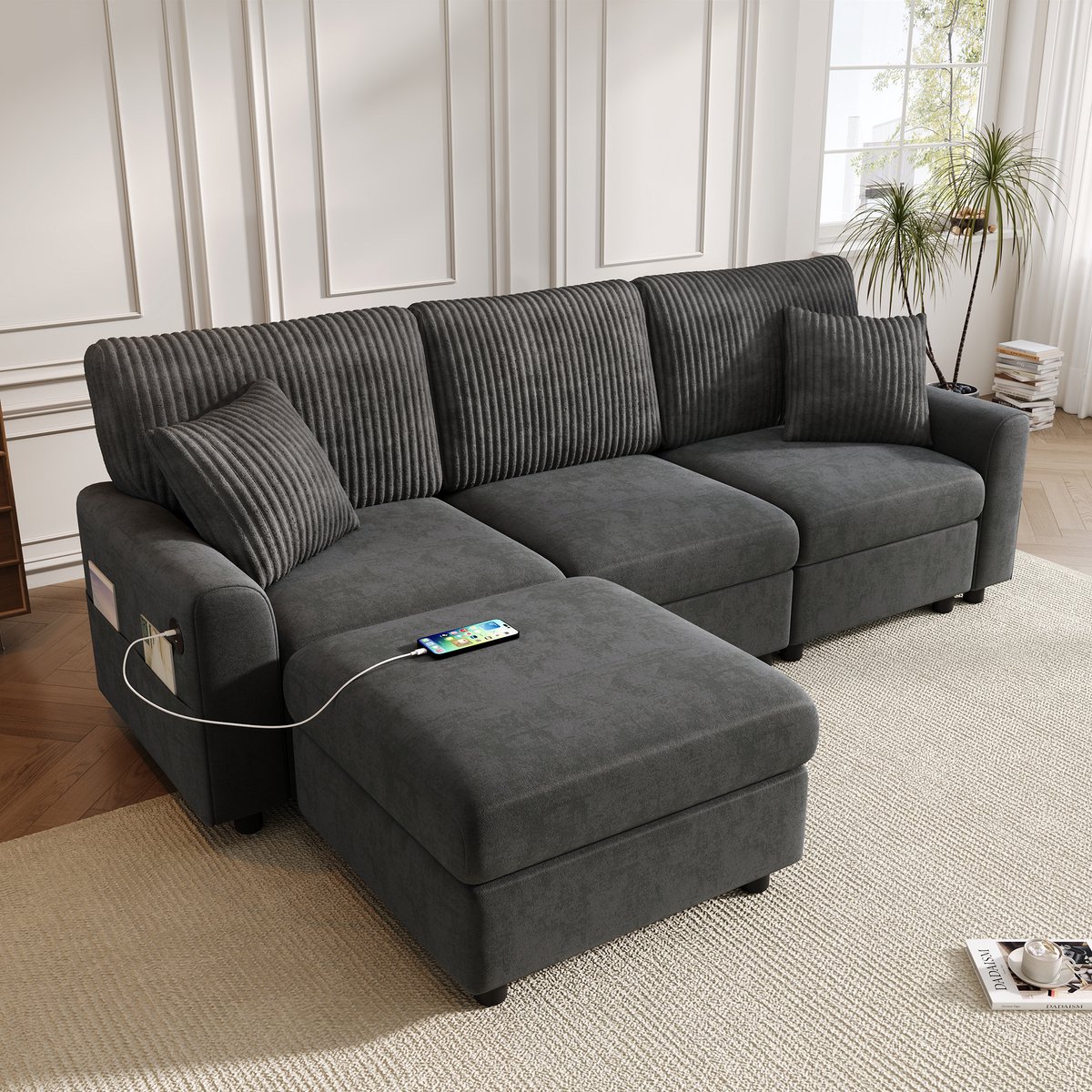 Moderne Hoekbank, L-Bank, 3-Zitsbank, Moderne Bank met 1 Voetenbankje, 2 Vierkante Kussens, 1 USB-poort en 1 Type-C-poort, (afmetingen: B223 × H84 × D146 cm)-Zwart