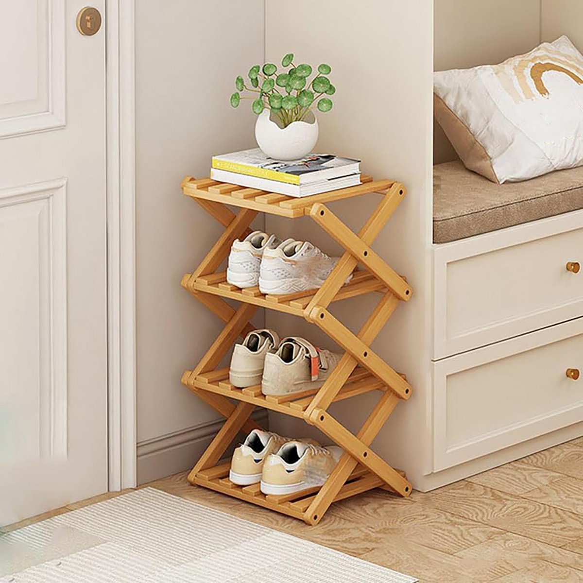 Schoenenrek - Opvouwbaar schoenenrek - Schoenenrek bamboe -Staand schoenenrek - Compact en draagbaar - ruimtebesparend en geschikt voor gangen - slaapkamers en hoeken van de woonkamer – schoenenkast met vier planken – natuurlijke houtkleur