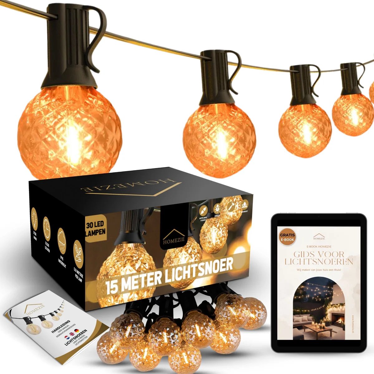 Homezie Lichtsnoer 15 meter met 30 LED bulbs | Nieuw design | IP44 Spatwaterdicht | Warm wit | Koppelbaar & Dimbaar