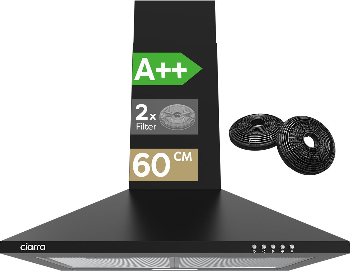 Bol.com CIARRA CBCB6201 - Afzuigkap Wandschouw 60cm Zwart - 370m3 - inclusief set koolstoffilters - energieklasse A++ DC motor aanbieding