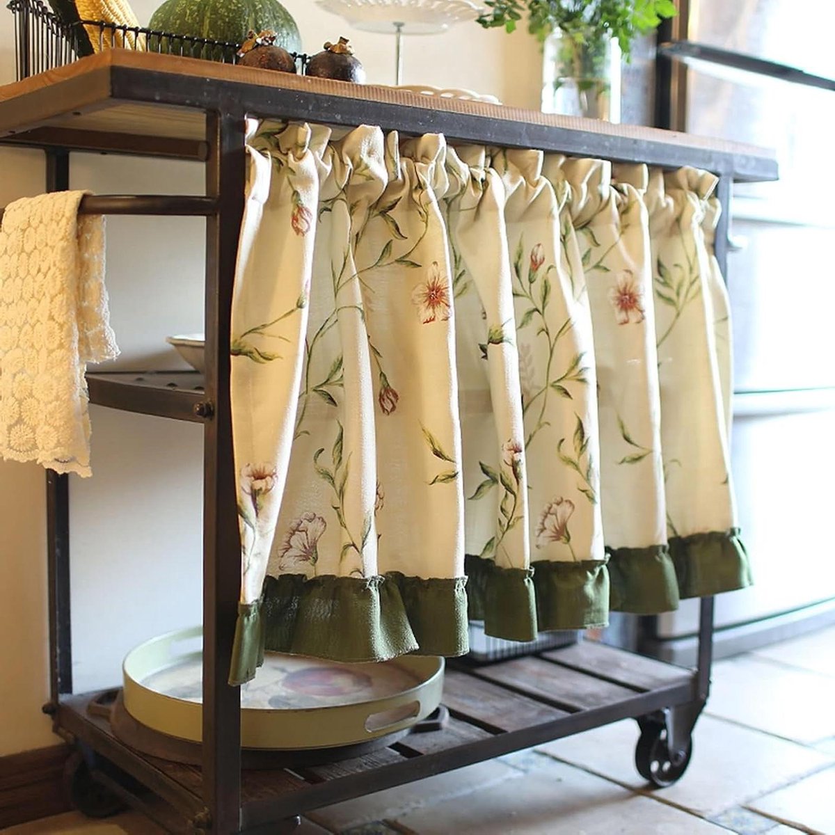 Vitrage Gordijn - Kort Gordijn - Raam Decoratie - Bloementakkenpatroon - 130x130 cm - Beige Groen