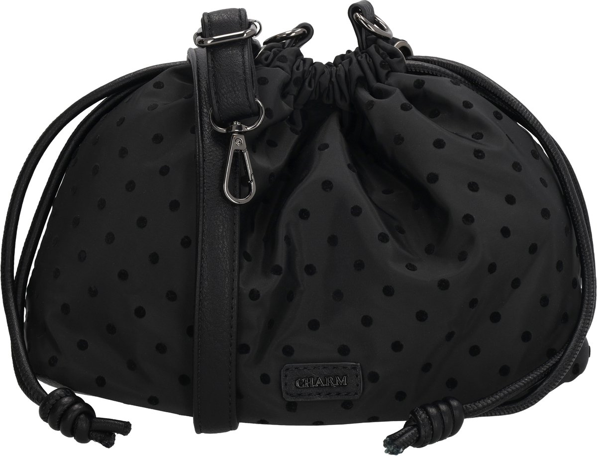Charm London Istanbul Crossbodytas - Nylon Damestas - Velvet Stippen - Trekkoordsluiting - Verstelbare Schouderband - Schoudertas - Dots - Zwart