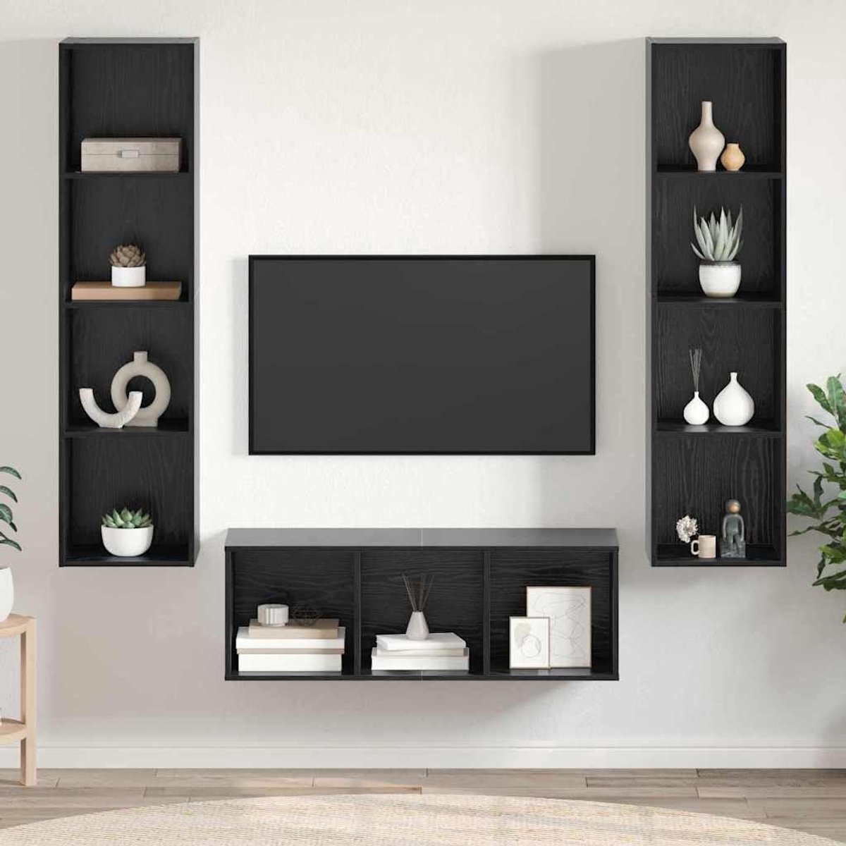 TV-kast set - Zwevende kasten - Woonkamer opruimen - Wandmontage ontwerp - 37x37x142.5 cm - Zwart eiken