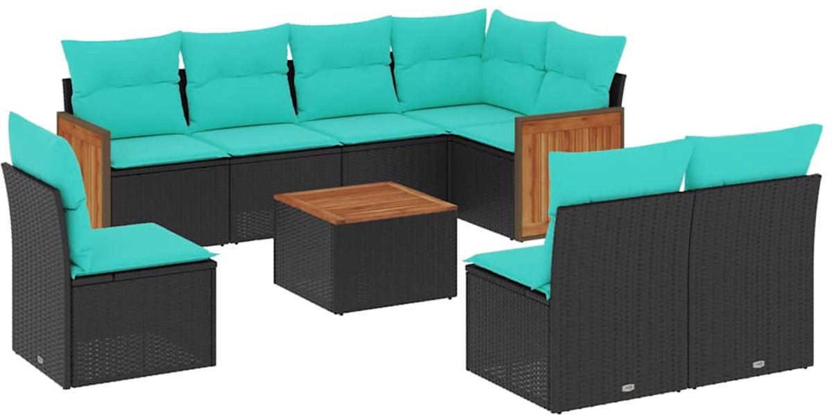 vidaXL - 9-delige - tuinbankset - met - kussens - van - zwart - polyrotan