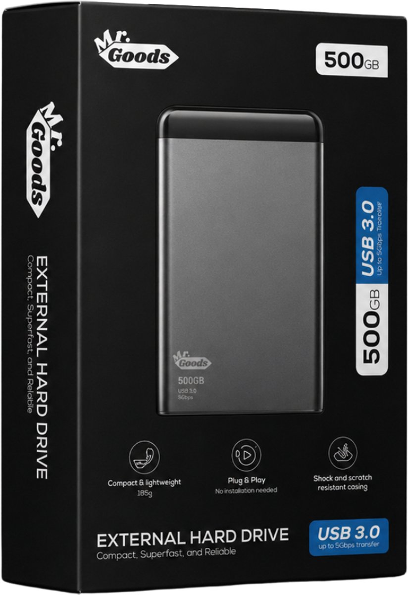 MrGoods Externe Harde Schijf 500GB Pro – USB 3.0 – 2.5 inch HDD – Metaal/Kunststof Behuizing – Zwart