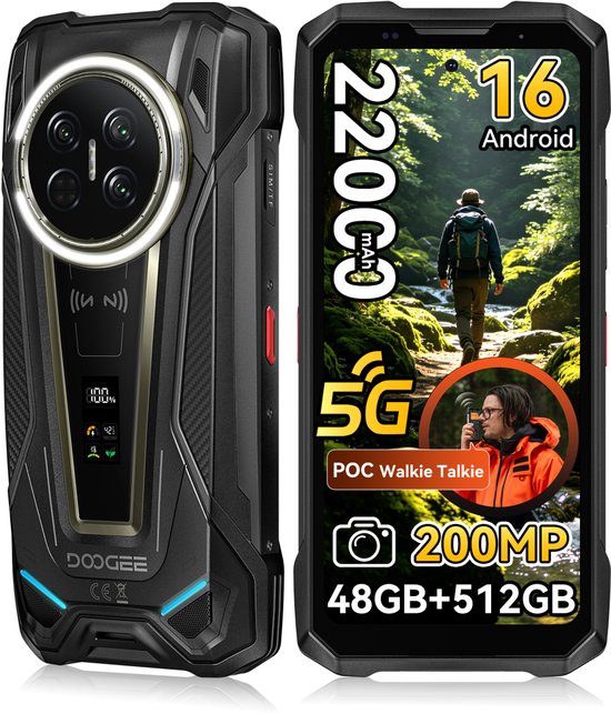 DOOGEE V Max 2 robuuste telefoon, voor- en achterkant, met specificaties 22000 mAh, 5G, 200MP en 48GB+512GB.