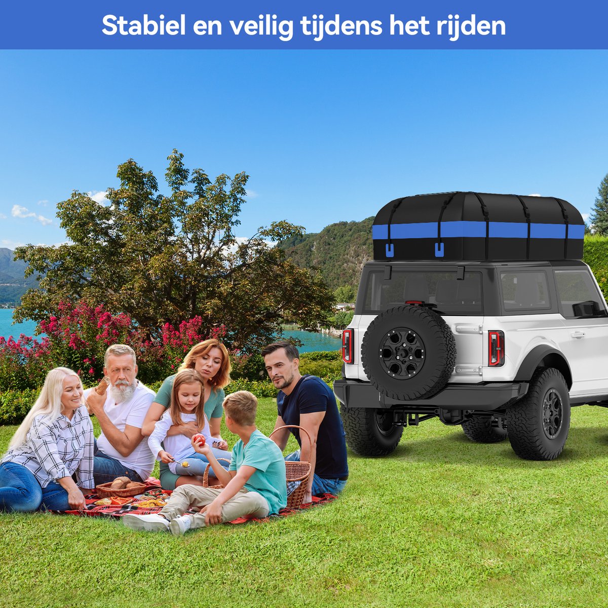 Puluomis - 600L Dakkoffer - Waterdicht - 500D PVC materiaal - 8 riemen - 6 haken - Geschikt voor alle voertuigen met/zonder dakdrager - Inclusief antislipmat - Zwart-blauw – foto 7