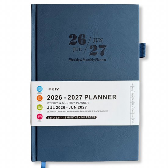 Feiy Blue Agenda - 2026-2027 - A5 formaat Schoolagenda - 1 week op 2 pagina's - Harde kaft - Met Elastiek