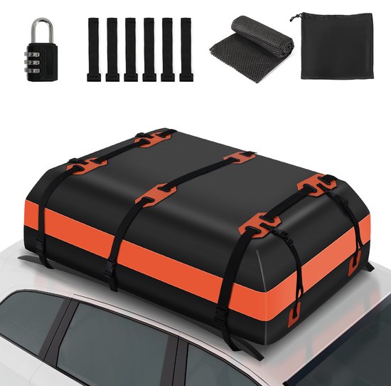 Puluomis - Dakkoffer voor de auto - 600L - 500D PVC - waterdicht - 8 riemen - 6 haken - met antislipmat - opbergtas voor alle voertuigen met/zonder bagagedrager - zwart + Orange