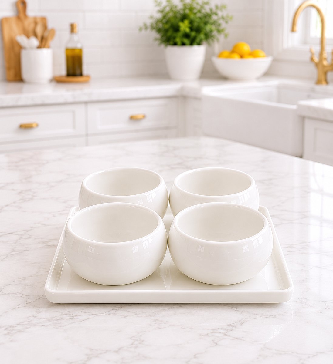 Mevaz Snackbowls Set van 4 met Dienblad – Keramische Dipschaaltjes – Wit – Tapas Schalen – Borrelset – Serveerschaaltjes voor Olijven, Noten, Kaas, Groenten & Snacks – Luxe Serveerset — cadeau in Kookcadeaus - foto 3