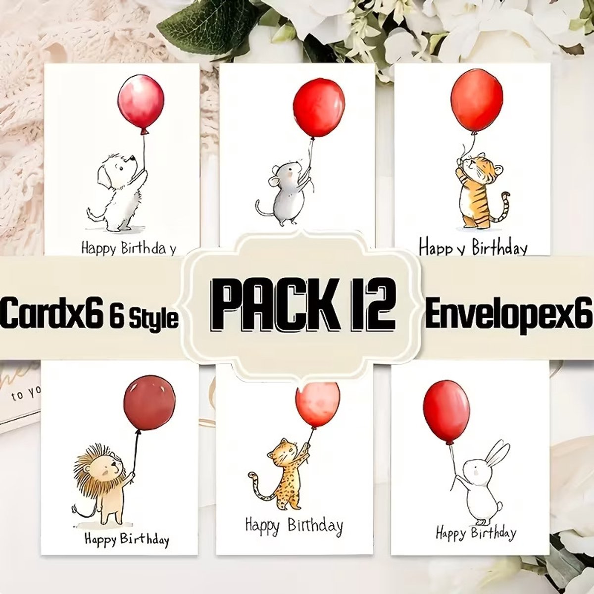 Verjaardagskaarten Set met Enveloppen - 6 Dieren Designs met Ballon - 12 Delig (6 Kaarten + 6 Enveloppen) - Happy Birthday Wenskaarten
