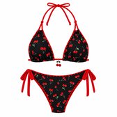 Zwart rood bikini set dames driehoek bikini halter bikini met kersen print tie string bikini zwempakset 2 delige strandkleding vakantie zwemkleding maat XL