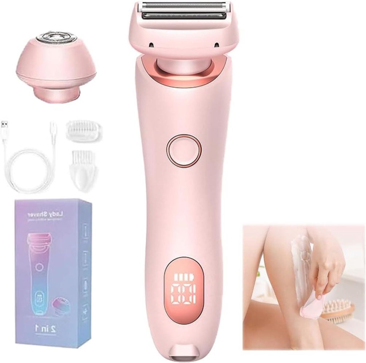 Women's Electric Shaver, 2-in-1 Hair Trimmer, Wet and Dry Rechargeable Lady Shaver, Removable and Replaceable Cutter Head, Removable Head, Easy to Operate, for Bikini Underarm Arm Leg (Pink)