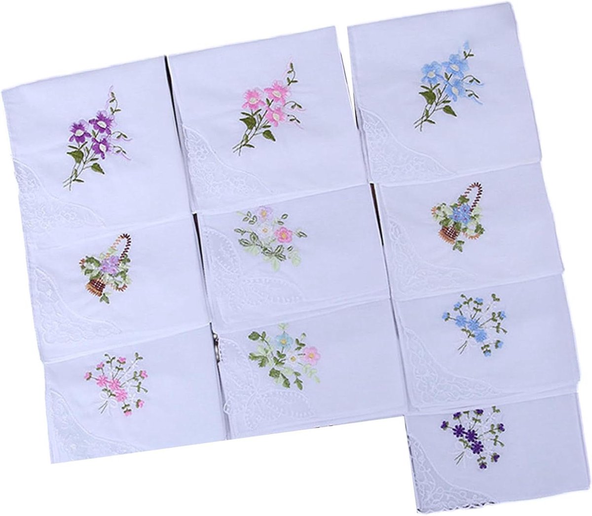 Geborduurde Zakdoeken - Katoenen Doekjes - Dagelijks Gebruik - Elegante Bloemen - 10 Stuks - Willekeurig