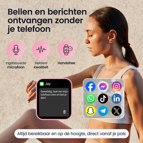 Vrouw met smartwatch, toont meldingen van apps zoals Facebook, Messenger, Instagram. Bellen en berichten ontvangen.