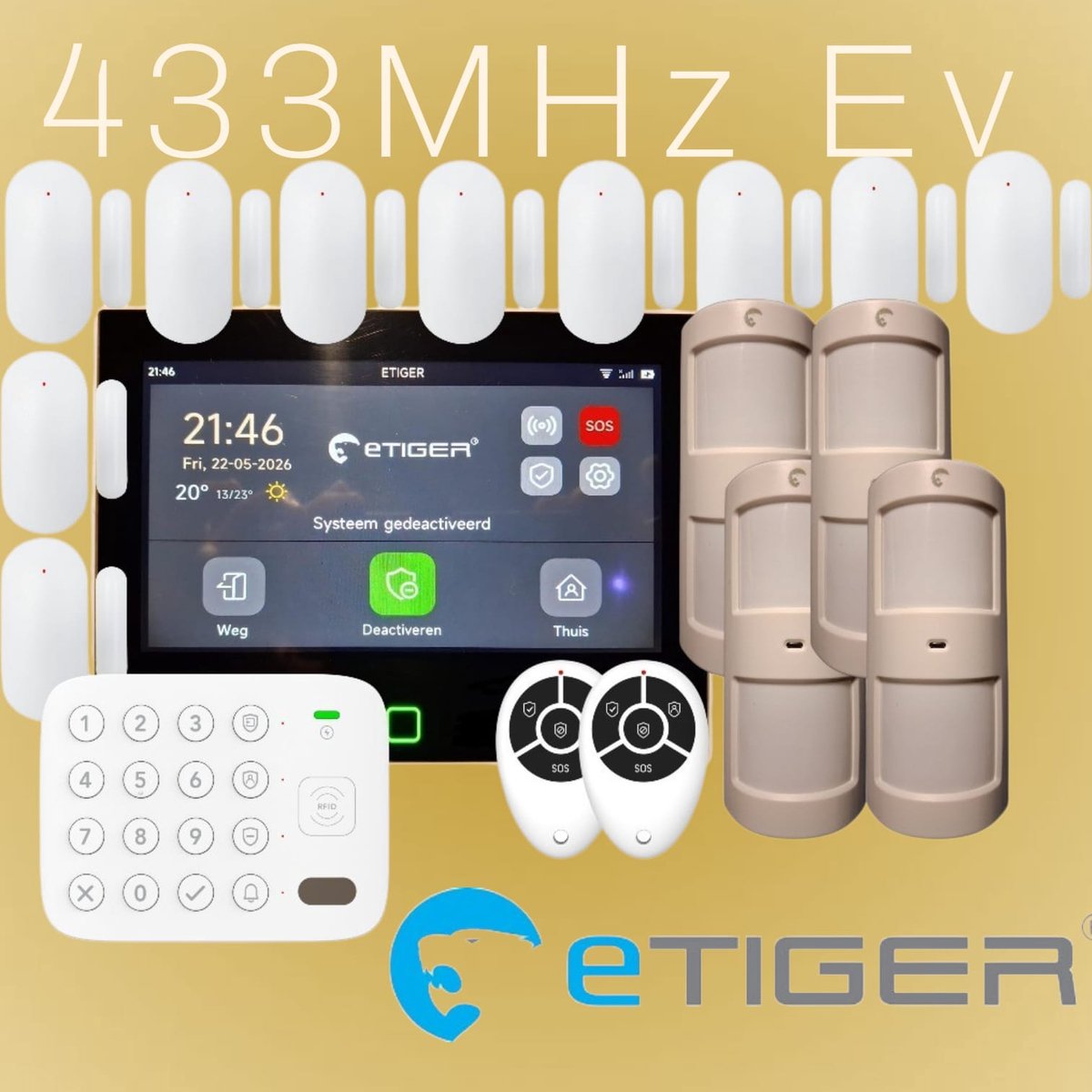 eTiger® XL7 Set 4 volledige set voor woning of klein bedrijf. XL7 Alarmcentrale, 10 Magneetsensoren met open.dicht melding, 4 Bewegingsmelders, 2 Afstandsbedieningen en 1 extra keypad voor achterdeur of slaapkamer. standaard zonder batterijen.