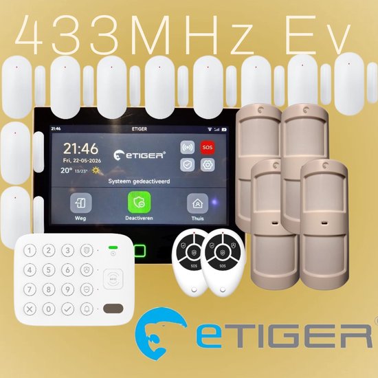 eTiger XL7 set met alarmcentrale, 10 magneetsensoren, 4 bewegingsmelders, 2 afstandsbedieningen en keypad. Wit, 433MHz.
