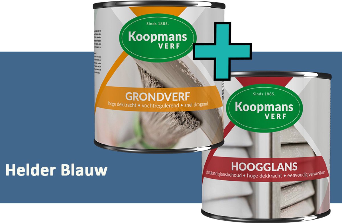 Koopmans Grondverf en Hoogglans Lakverf - set geschikt voor hout en metaal – Helder Blauw – 2x – 1,5 l
