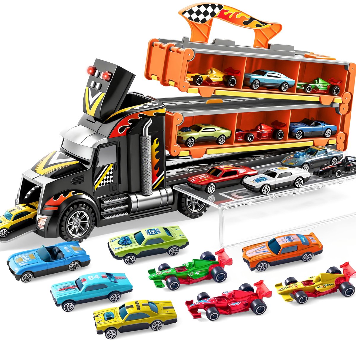 JOYIN Transporter Truck speelgoedauto's voor jongens vanaf 3 4 5 6-12 lichtmetalen raceauto's met 2 lanceerders, draagbare racebaan truck speelgoedauto met lichten en geluid, vrachtwagen speelgoedset