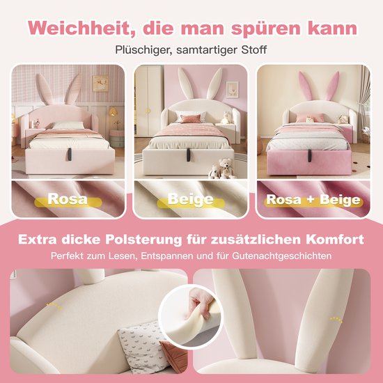 Drie varianten van een kinderbed met konijnenoren, in roze, beige of roze en beige.