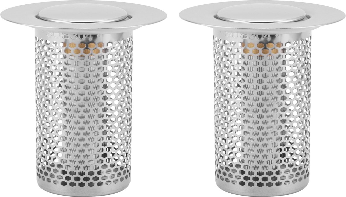 Lemlit Afvoerstop met Zeef 2 Stuks - RVS Pop-up Wastafelstop - Afvoerfilter tegen Verstopping - voor 34-38 mm Afvoer, Diepte >5 cm - Zilver