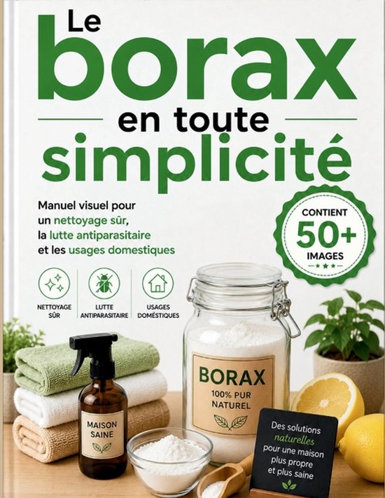 Boek "Le borax en toute simplicité" met een pot borax, citroenen en schoonmaakartikelen.
