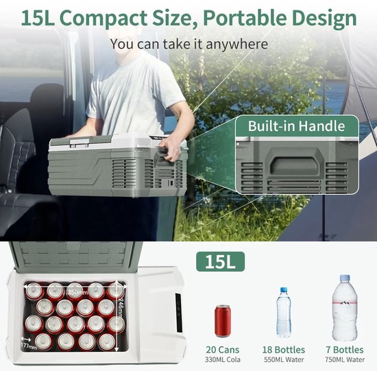UrbanSelect Draagbare Koelkast 15L - Auto Koelkast - Mini Koelkast - 12V/24V DC - 100-240V AC - Compact Design - Handgreep - Grijs van UrbanSelect — afbeelding 2