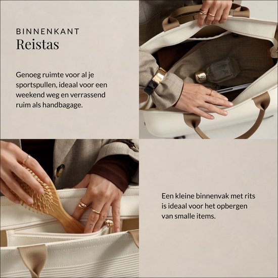 Een persoon pakt een houten borstel uit de ruime, witte SUITSUIT reistas.