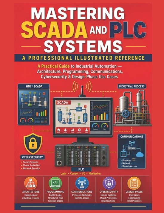 Livre intitulé Mastering SCADA and PLC Systems, A Professional Illustrated Reference. Illustrations de HMI/SCADA, processus industriels, cybersécurité, communication et un PLC.