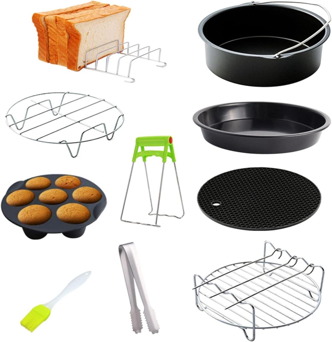 Airfryer Accessoires - Bakvorm Set - Veelzijdig Koken - 10 Delige Kit - 6 inch - Zwart