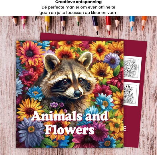 Kleurboek 'Animals and Flowers' met een raccoon te midden van bloemen, met proefdrukken van kleurplaten op een kleed.