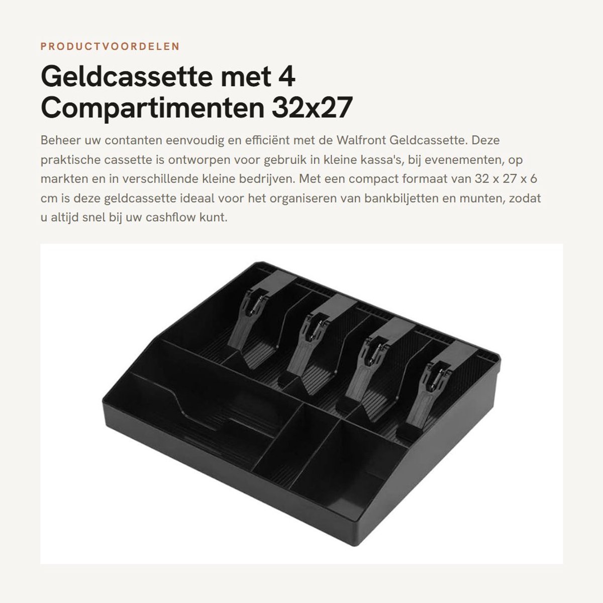 Dailygoods- Geldkassette 32 x 27 cm - 4 Compartimenten - 4 Muntzakken - Plastic - Lichtgewicht 565 gr - Ideaal voor kleine kassa - Cashbox