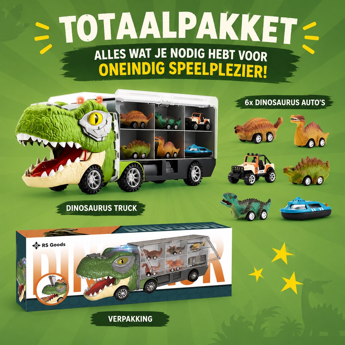 Dinosaurus Speelgoed Truck - Met 6 Extra Speelgoedauto's - Dino - Auto Speelgoed - Jongens Speelgoed - Meisjes Speelgoed - Speelgoed 3 Jaar - Speelgoed 4 Jaar - Speelgoed 5 Jaar - Kinderspeelgoed - Dinosaurus - Speelgoed Autos Jongens — afbeelding 8