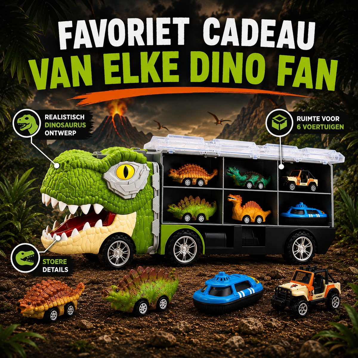 Dinosaurus Speelgoed Truck - Met 6 Extra Speelgoedauto's - Dino - Auto Speelgoed - Jongens Speelgoed - Meisjes Speelgoed - Speelgoed 3 Jaar - Speelgoed 4 Jaar - Speelgoed 5 Jaar - Kinderspeelgoed - Dinosaurus - Speelgoed Autos Jongens — afbeelding 7