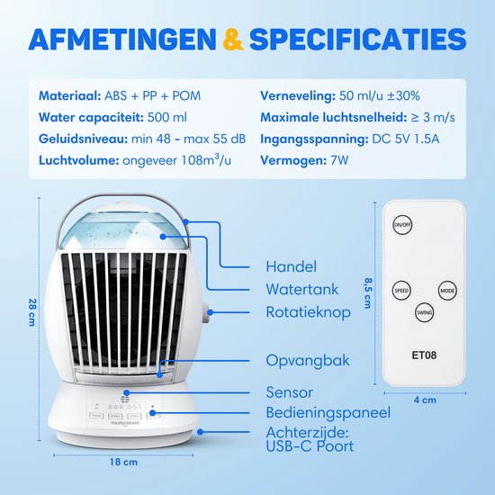 Afmetingen en specificaties van de mini airco, inclusief hoogte, breedte, tankcapaciteit, geluidsniveau en vermogen.
